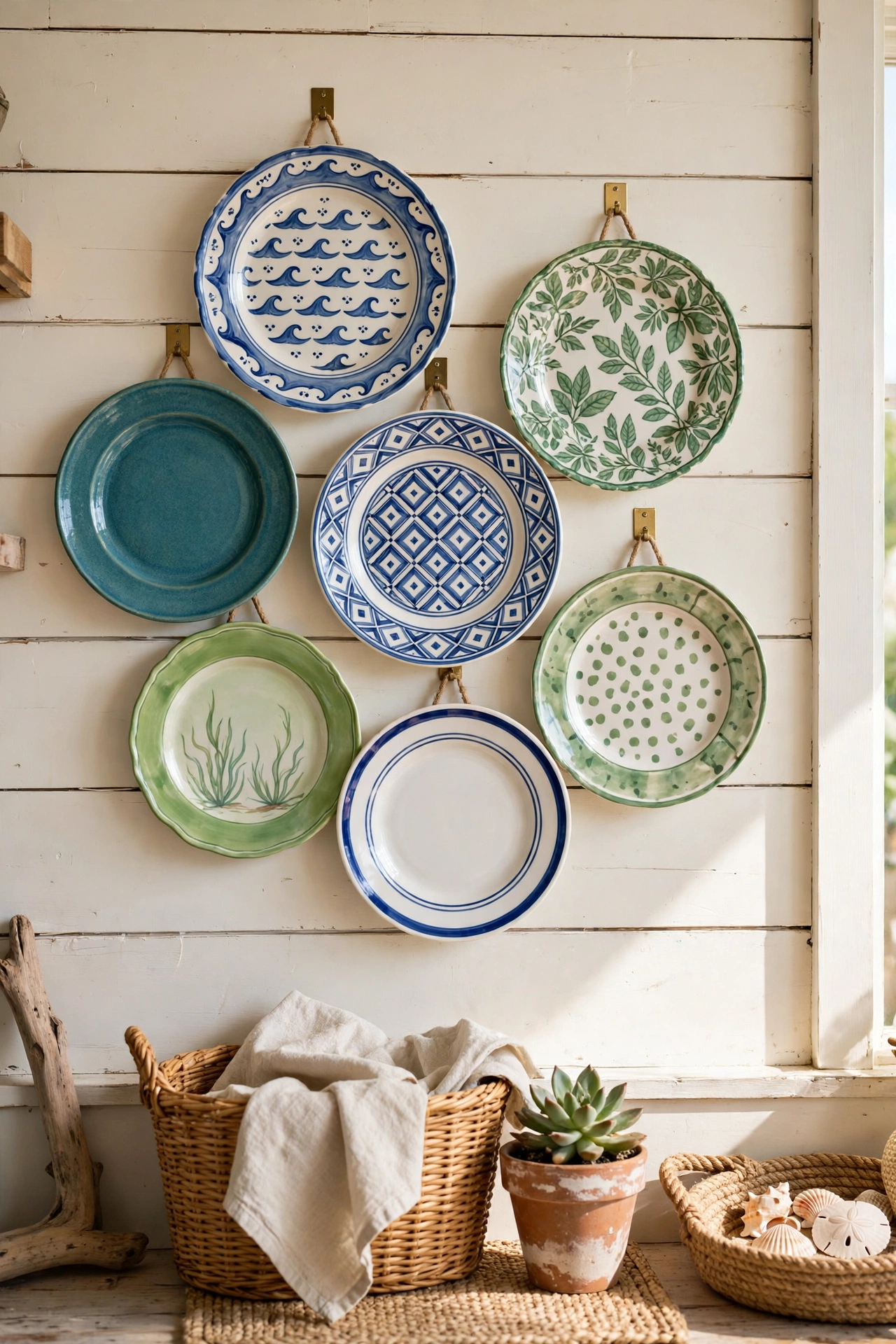 Plate wall of blue and white plates in a coastal kitchen