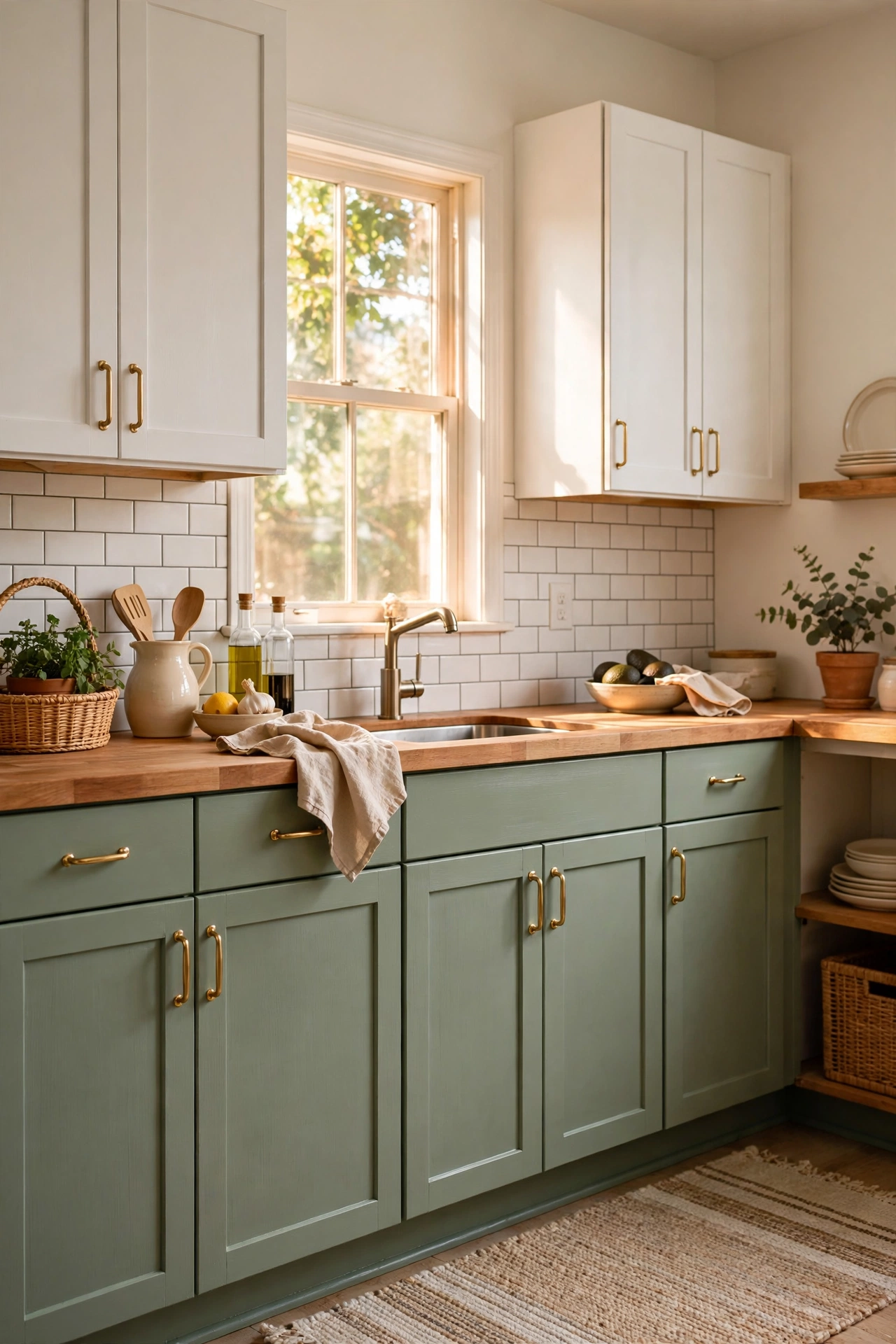 Sage green kitchen idea: painted sage lower cabinets with white uppers