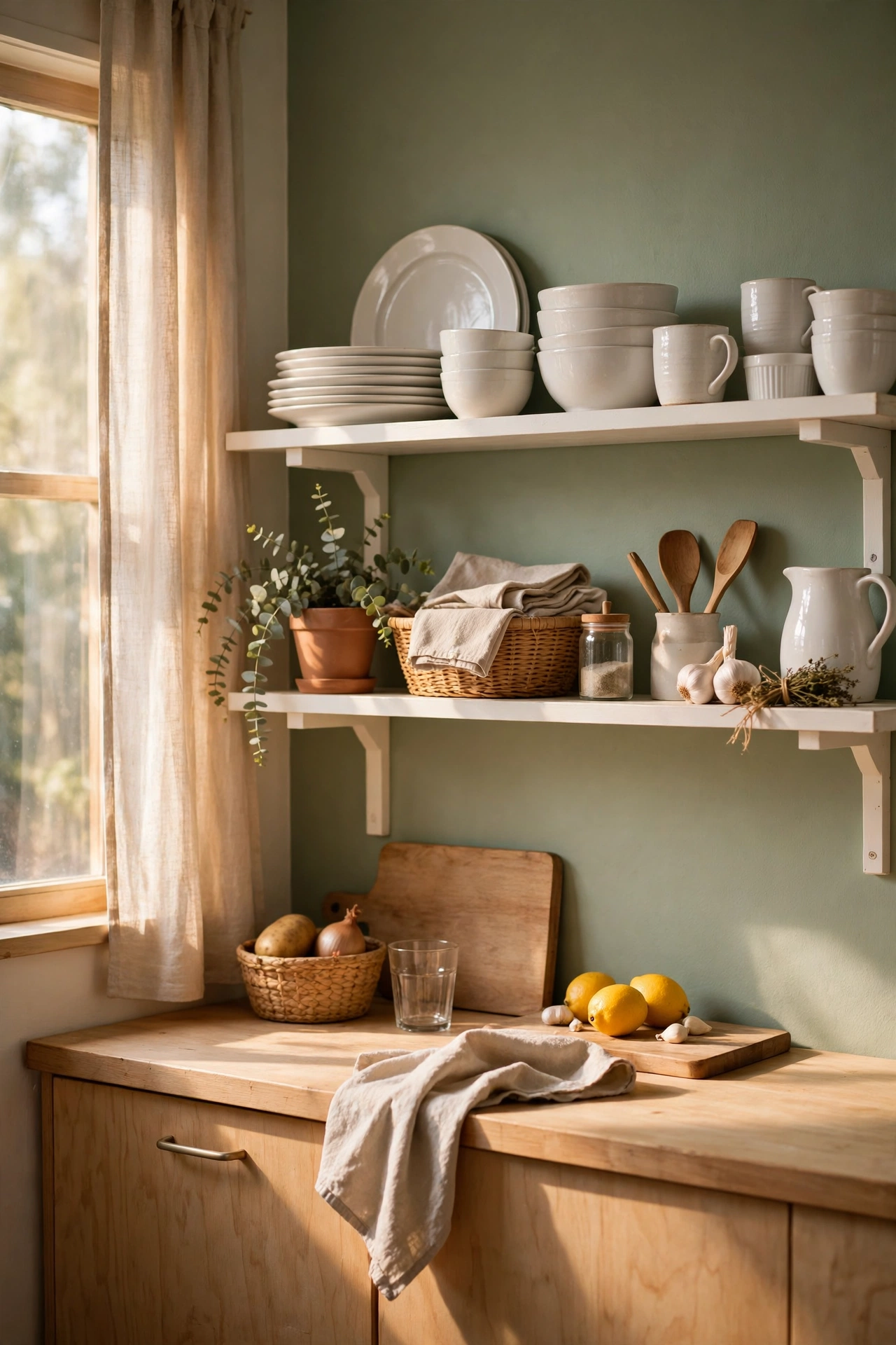 Sage green accent wall behind white open kitchen shelves