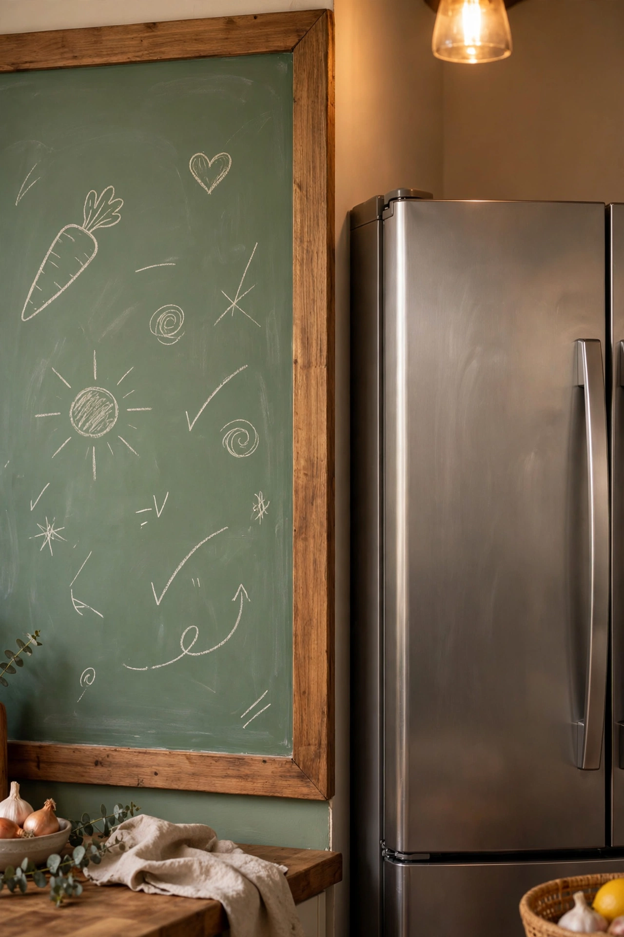 Sage green chalkboard wall beside a fridge with shopping list