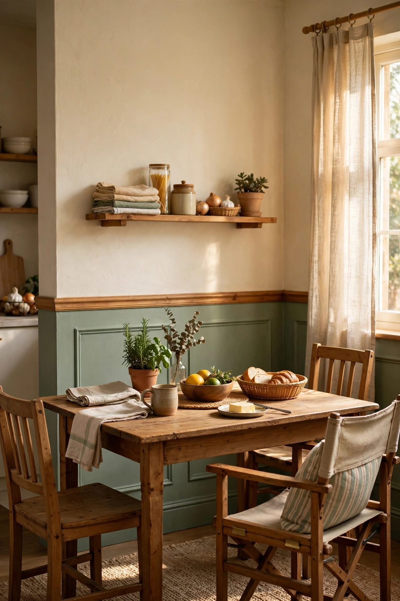 Two-tone kitchen walls sage green below and cream above the dado rail