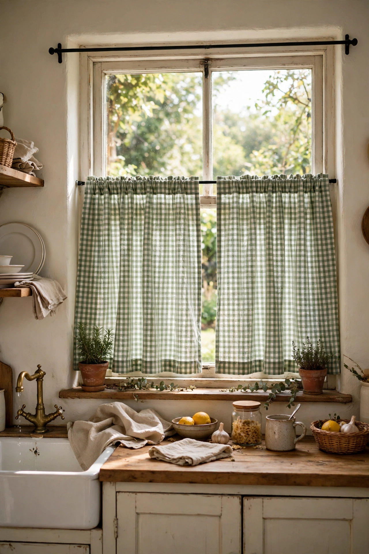 Sage green gingham cafe curtains on a kitchen window