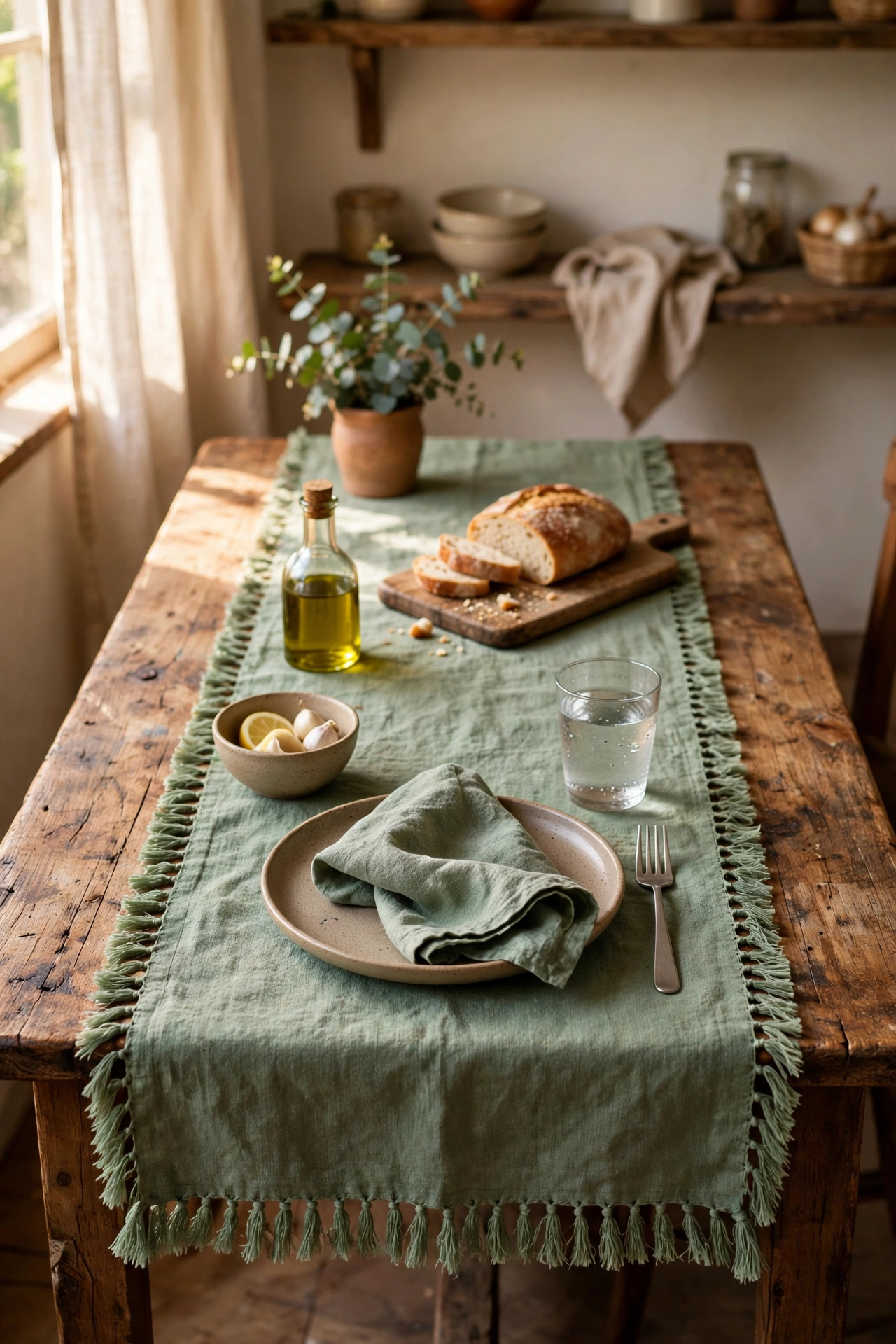 Sage green linen table runner on a wooden kitchen table