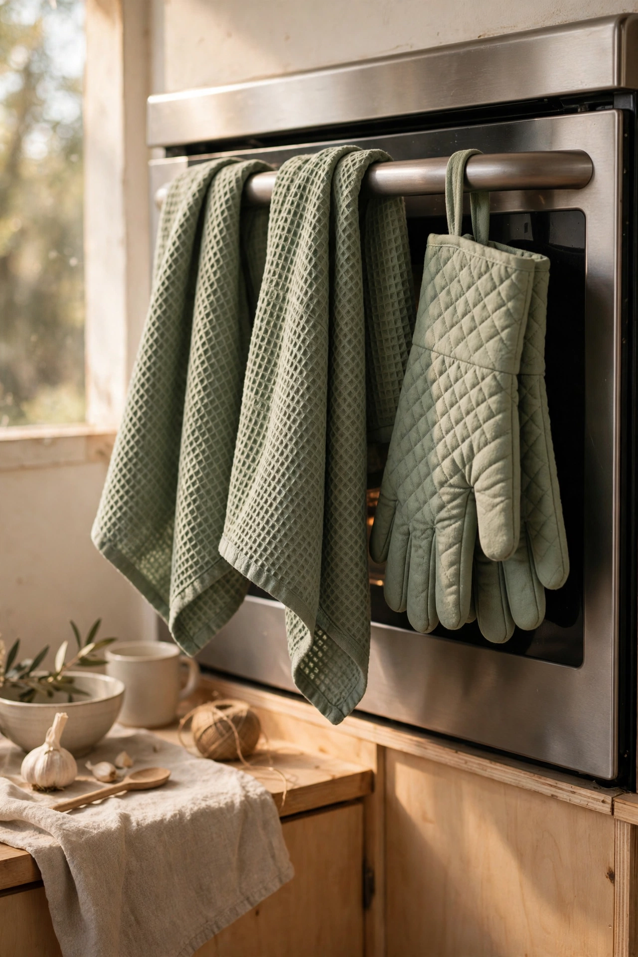 Sage green dish towels and oven gloves in a kitchen