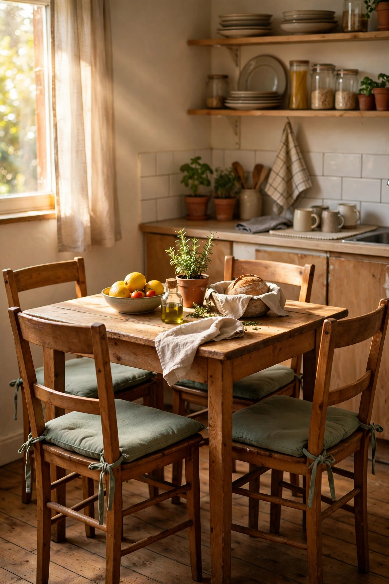 Wooden kitchen chairs with sage green seat cushions