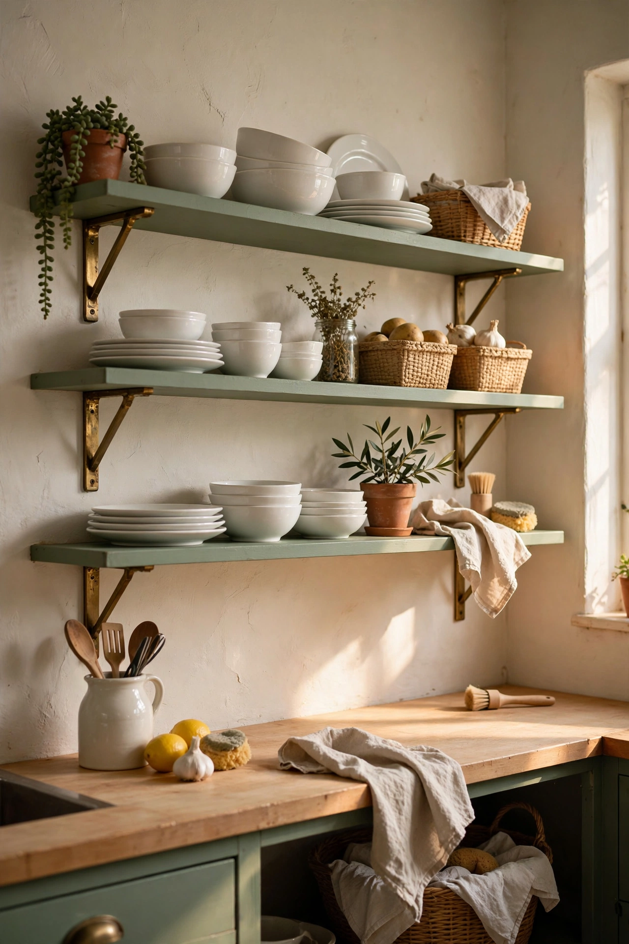 Sage green painted open kitchen shelves with white dishes