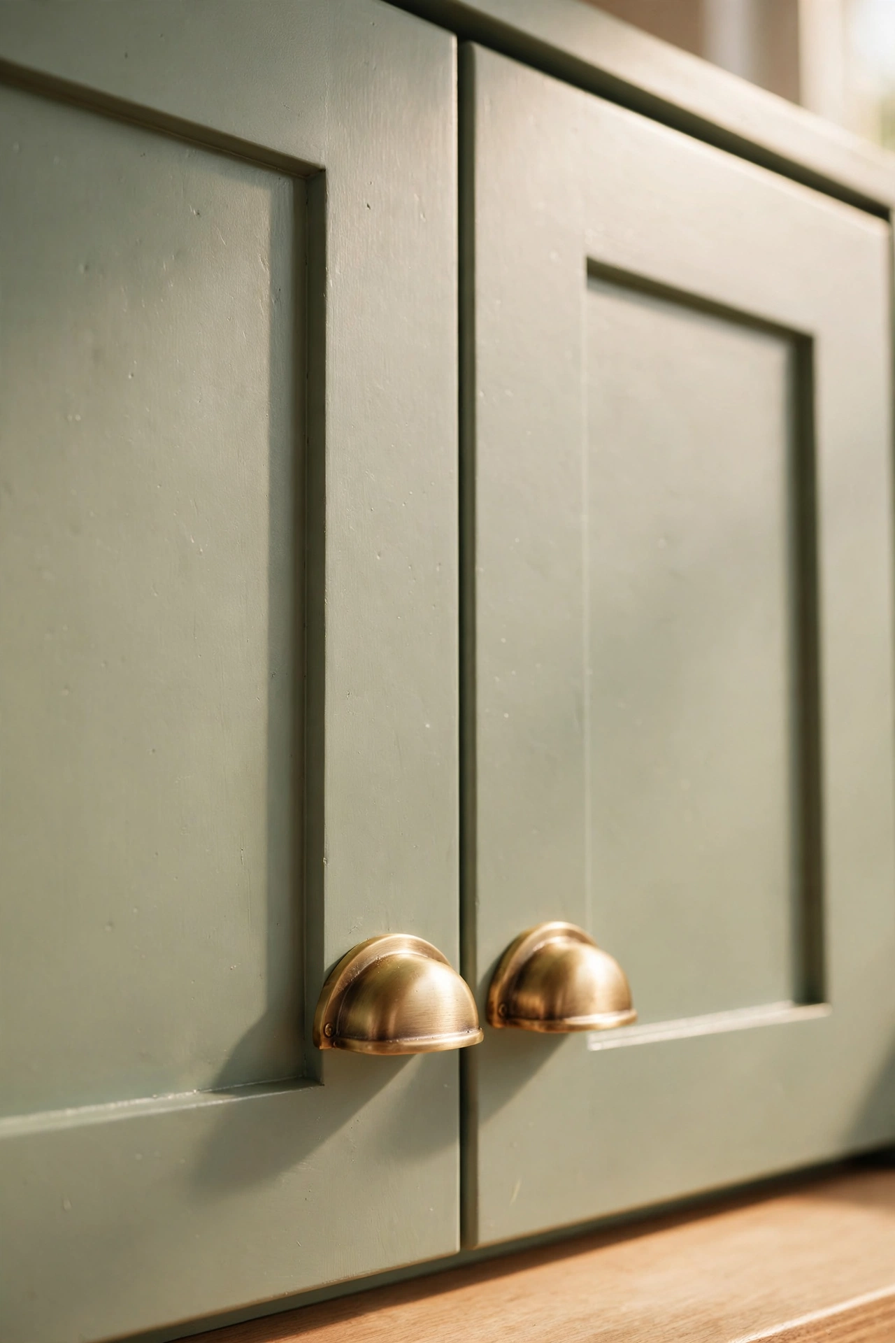 Brass cup pulls on sage green kitchen cabinets