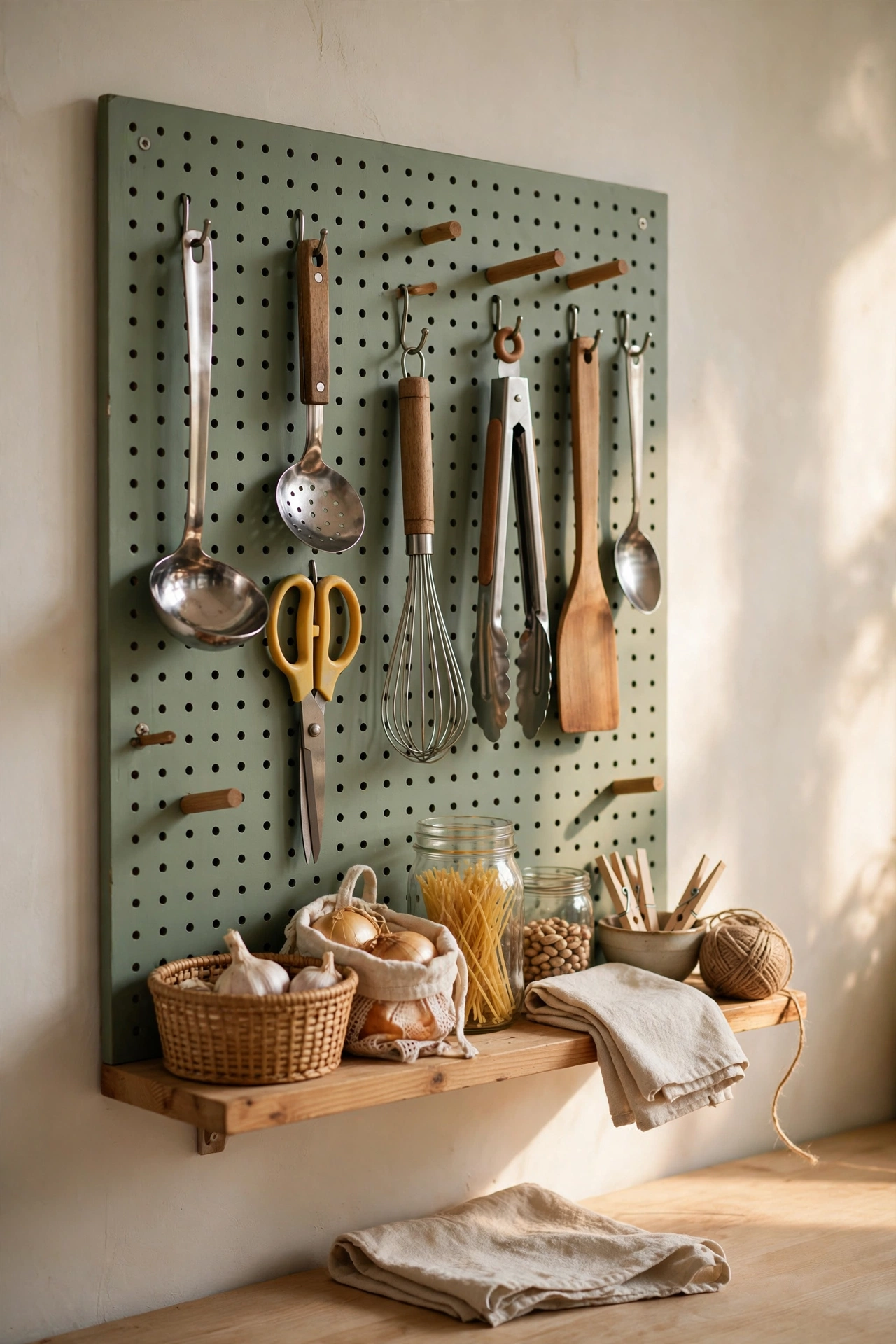 Sage green painted pegboard holding kitchen utensils