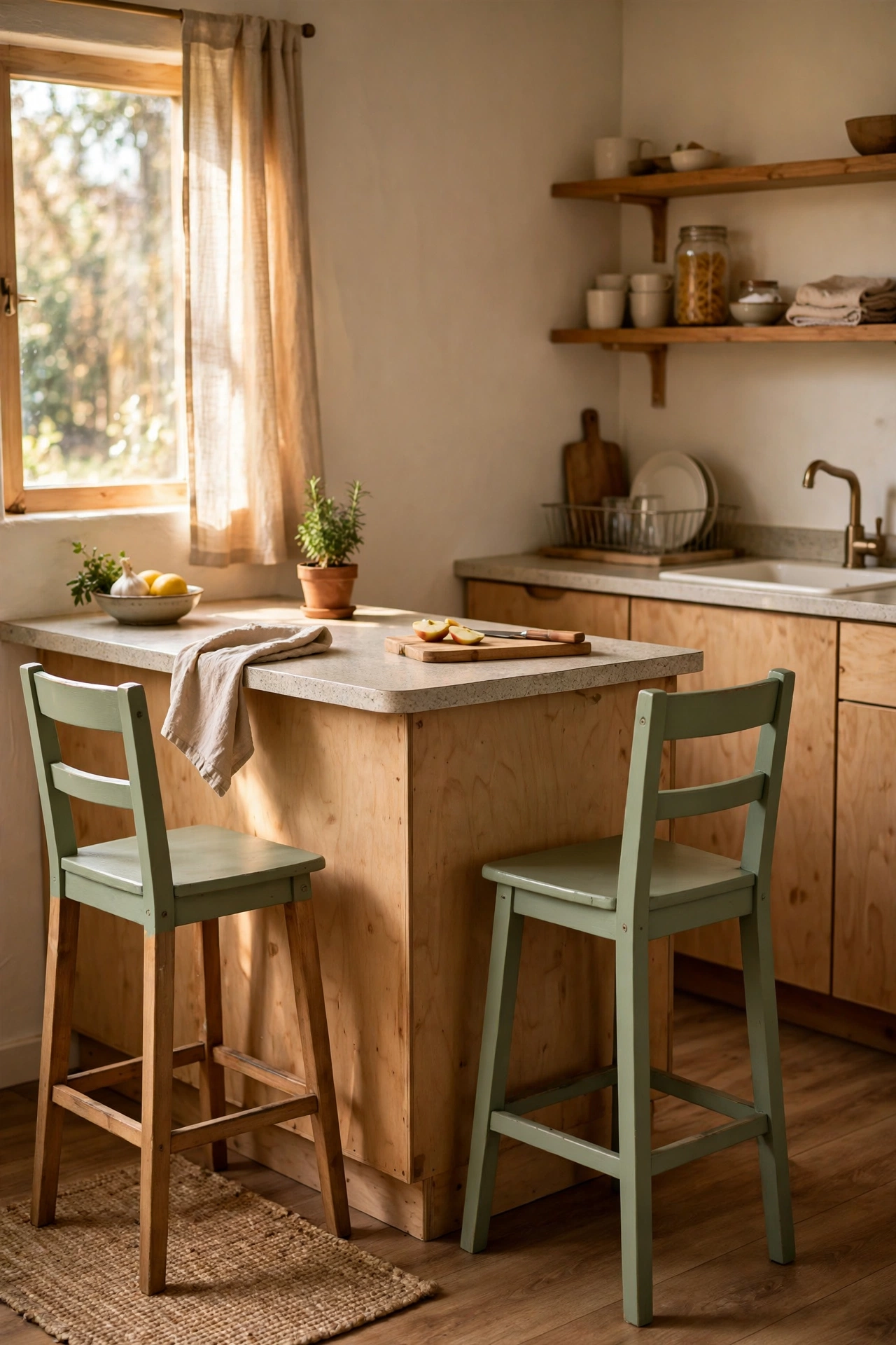 Wooden bar stools painted sage green at a kitchen island
