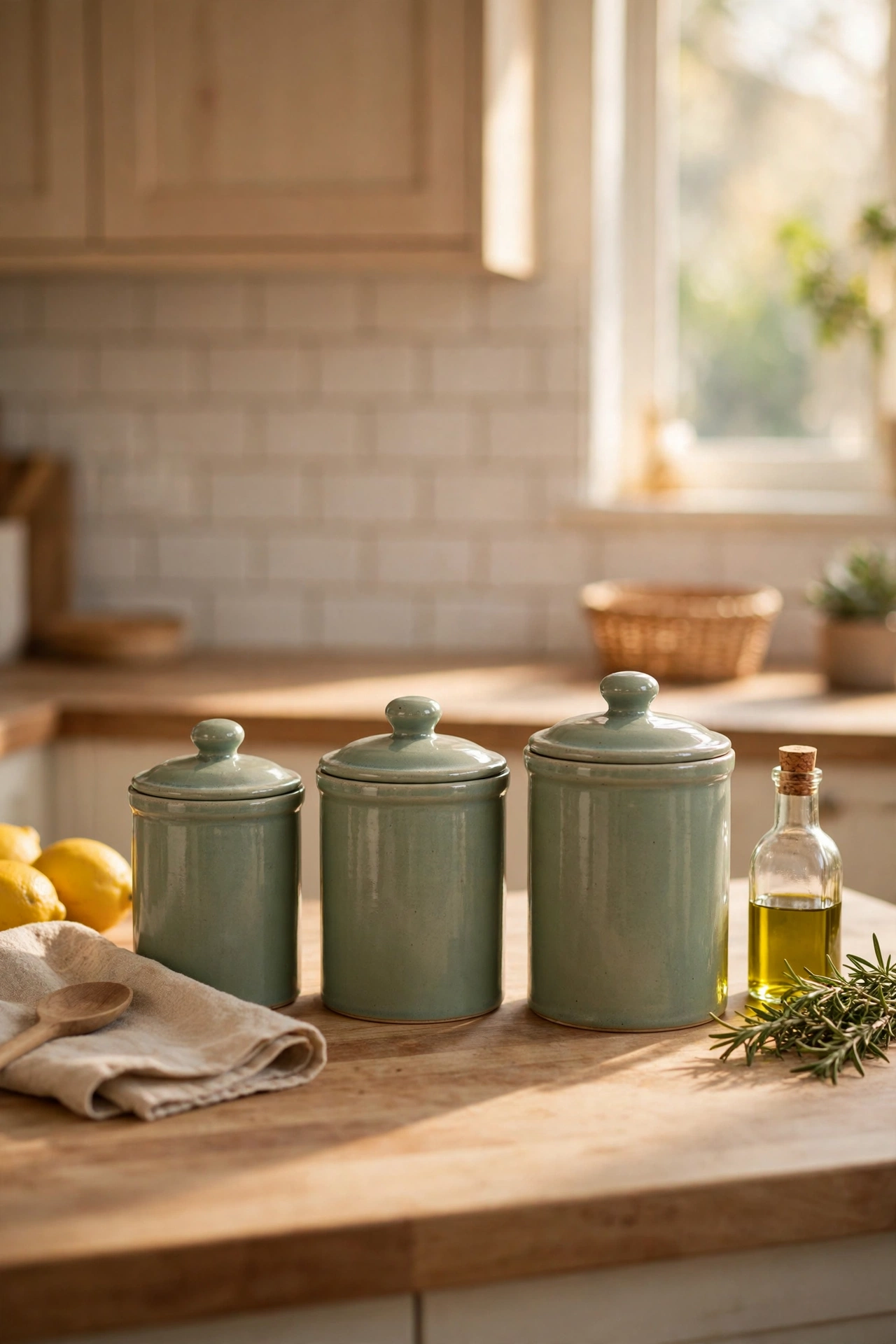 Sage green ceramic canister set on a kitchen counter