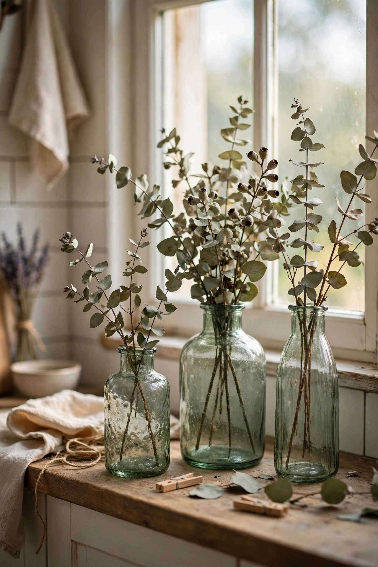 Sage tinted glass vases with dried eucalyptus on a windowsill