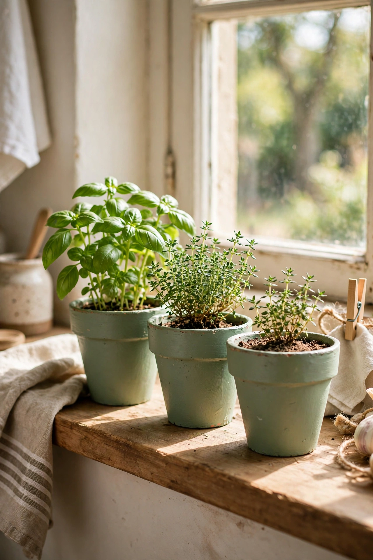 Terracotta pots painted sage green with kitchen herbs on a windowsill