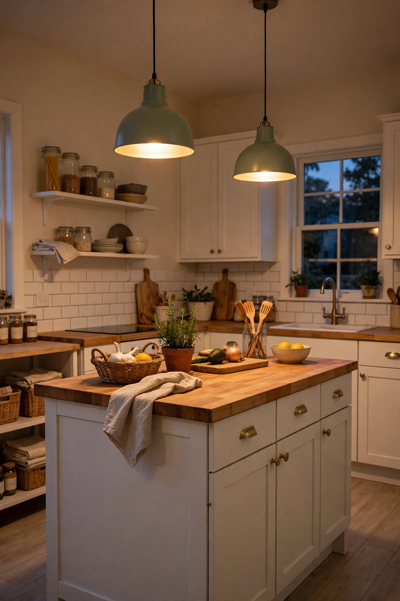 Pendant light shades spray painted sage green over a kitchen island