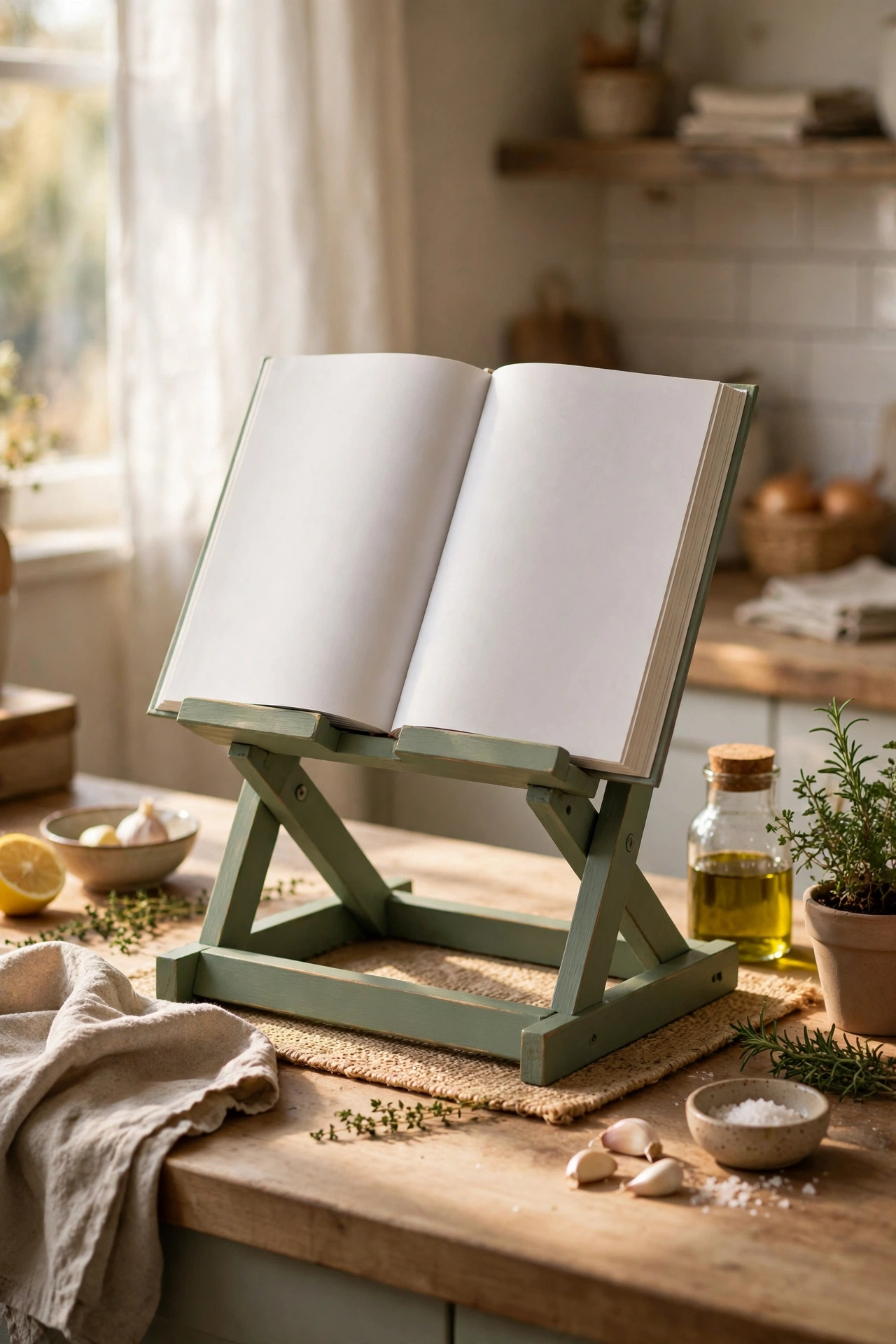 Wooden recipe stand painted sage green holding a cookbook