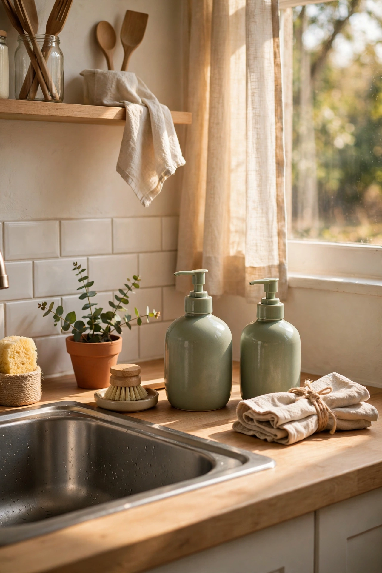 Sage green ceramic soap dispensers by a kitchen sink