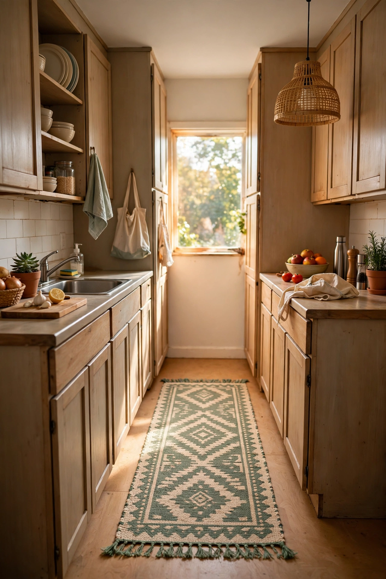 Flat-weave runner rug with sage green pattern in a kitchen