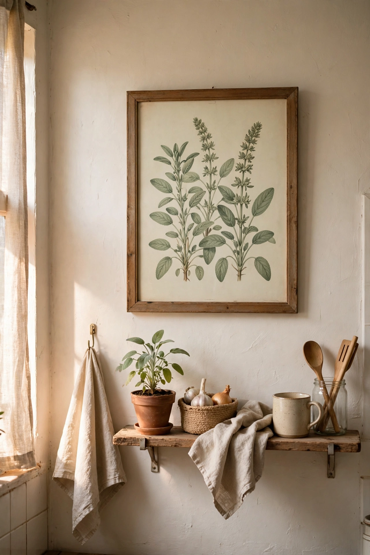 Framed sage botanical art print on a kitchen wall