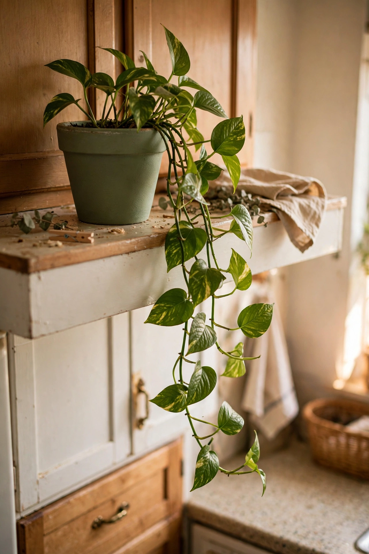 Trailing pothos plant in a sage green pot on top of kitchen cabinets