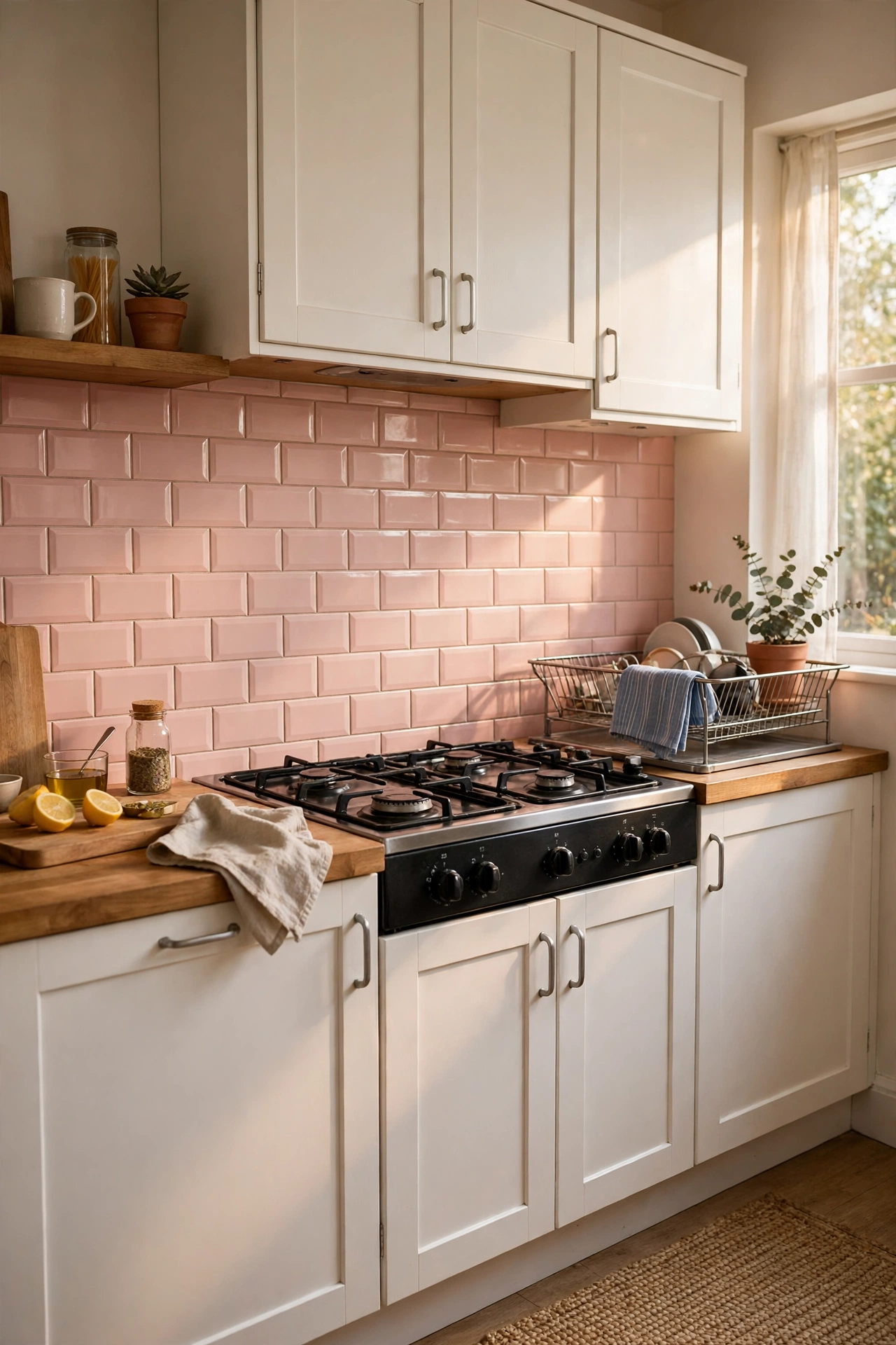 Blush pink kitchen idea: peel-and-stick blush subway tile backsplash