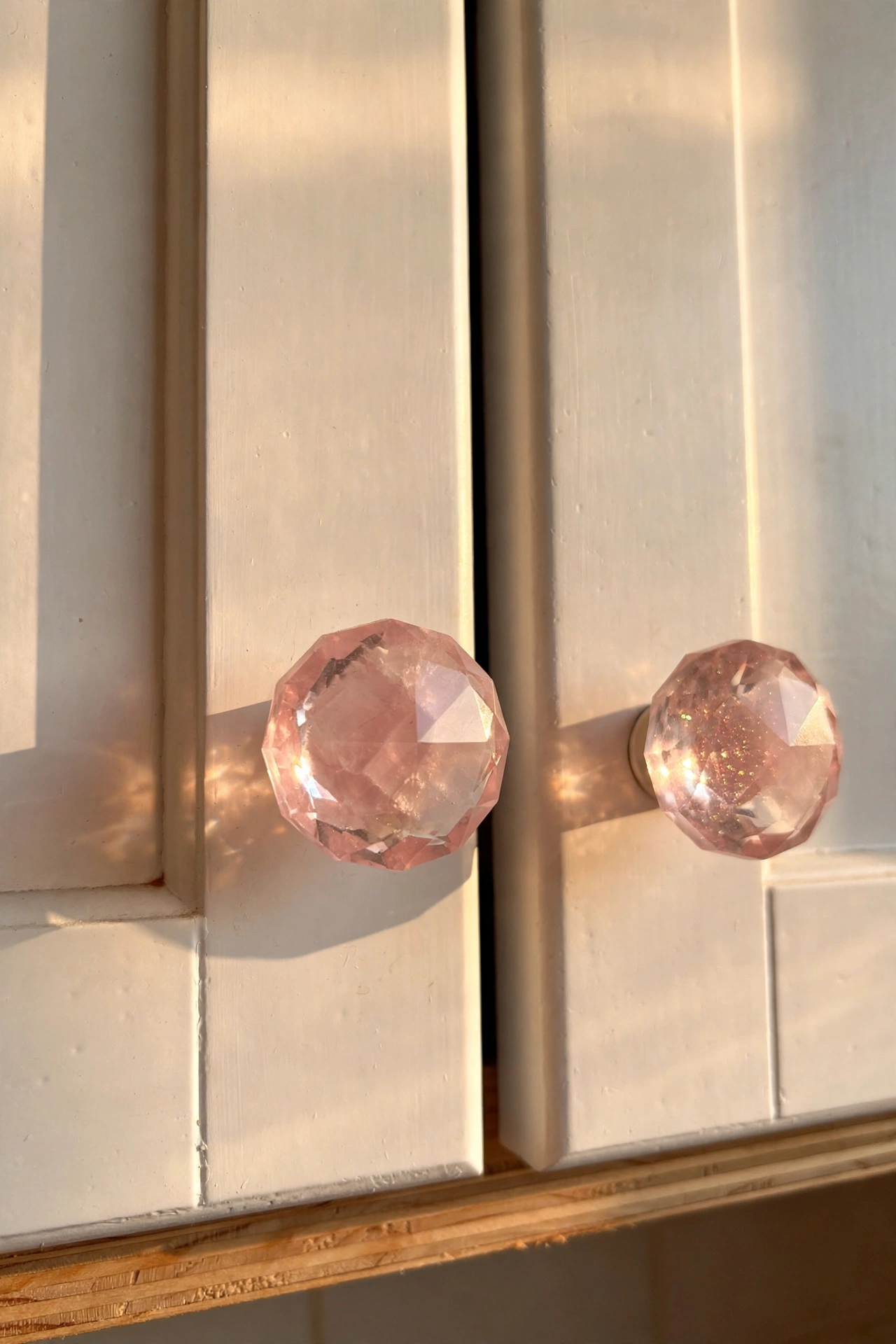Rose quartz look cabinet knobs on white kitchen drawers