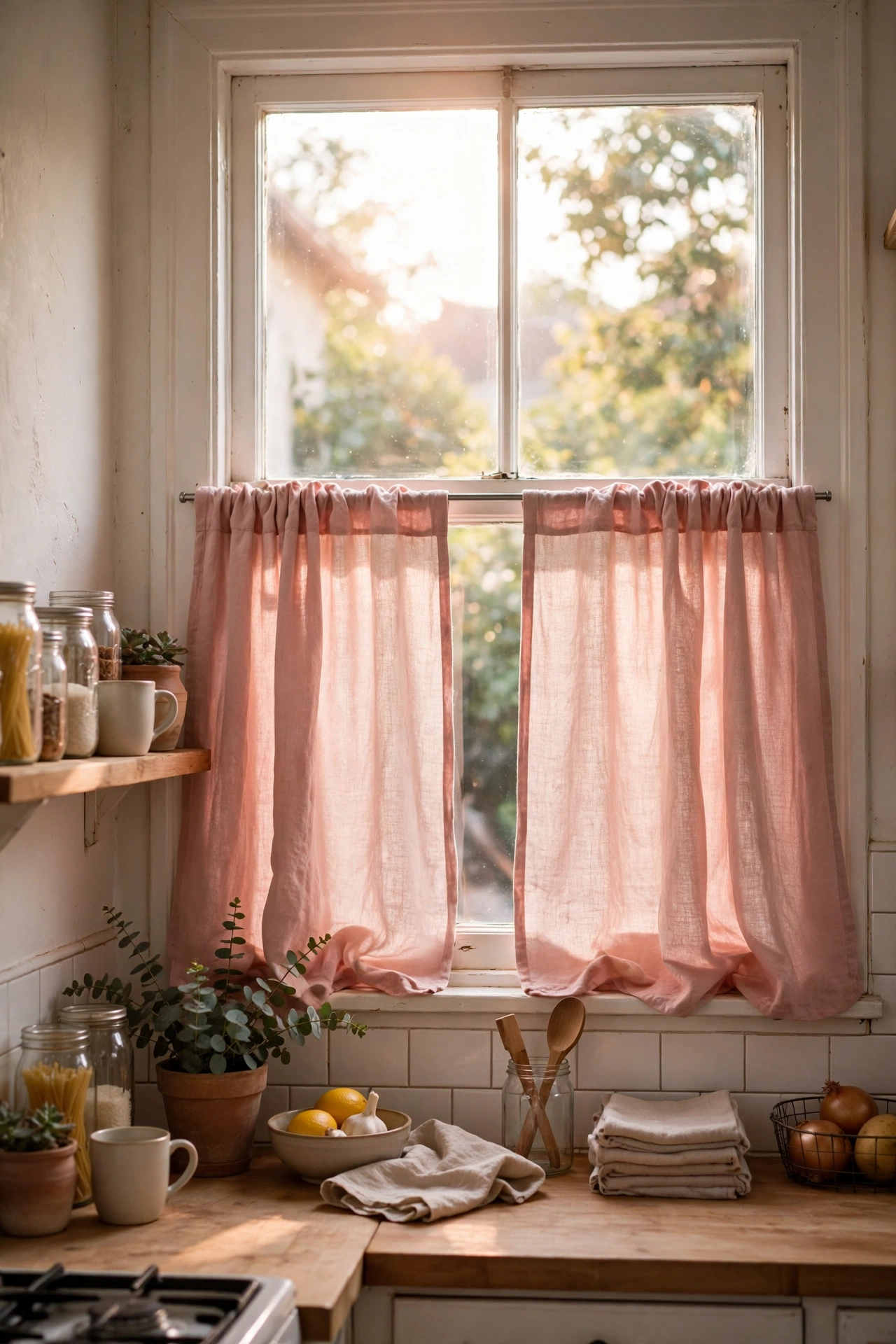 Blush pink linen cafe curtains on a kitchen window
