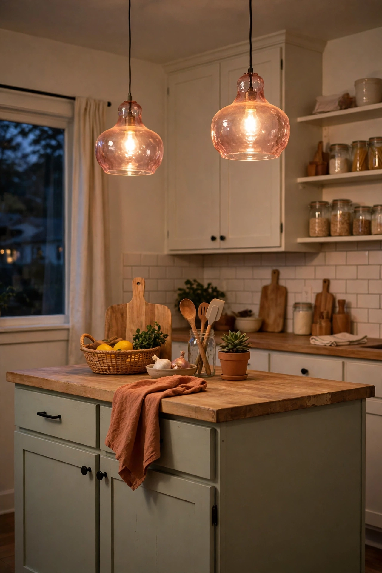 Rose tinted glass pendant shades glowing over a kitchen island