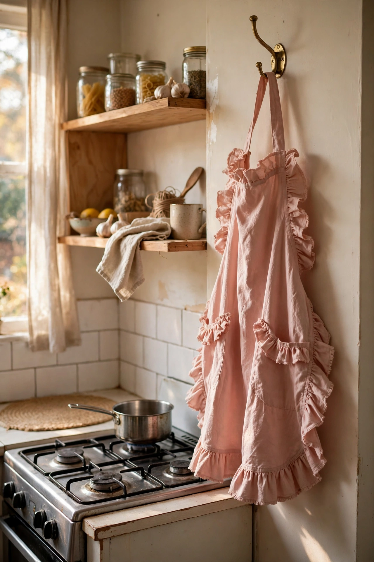 Blush pink ruffled apron hanging on a brass hook in a kitchen