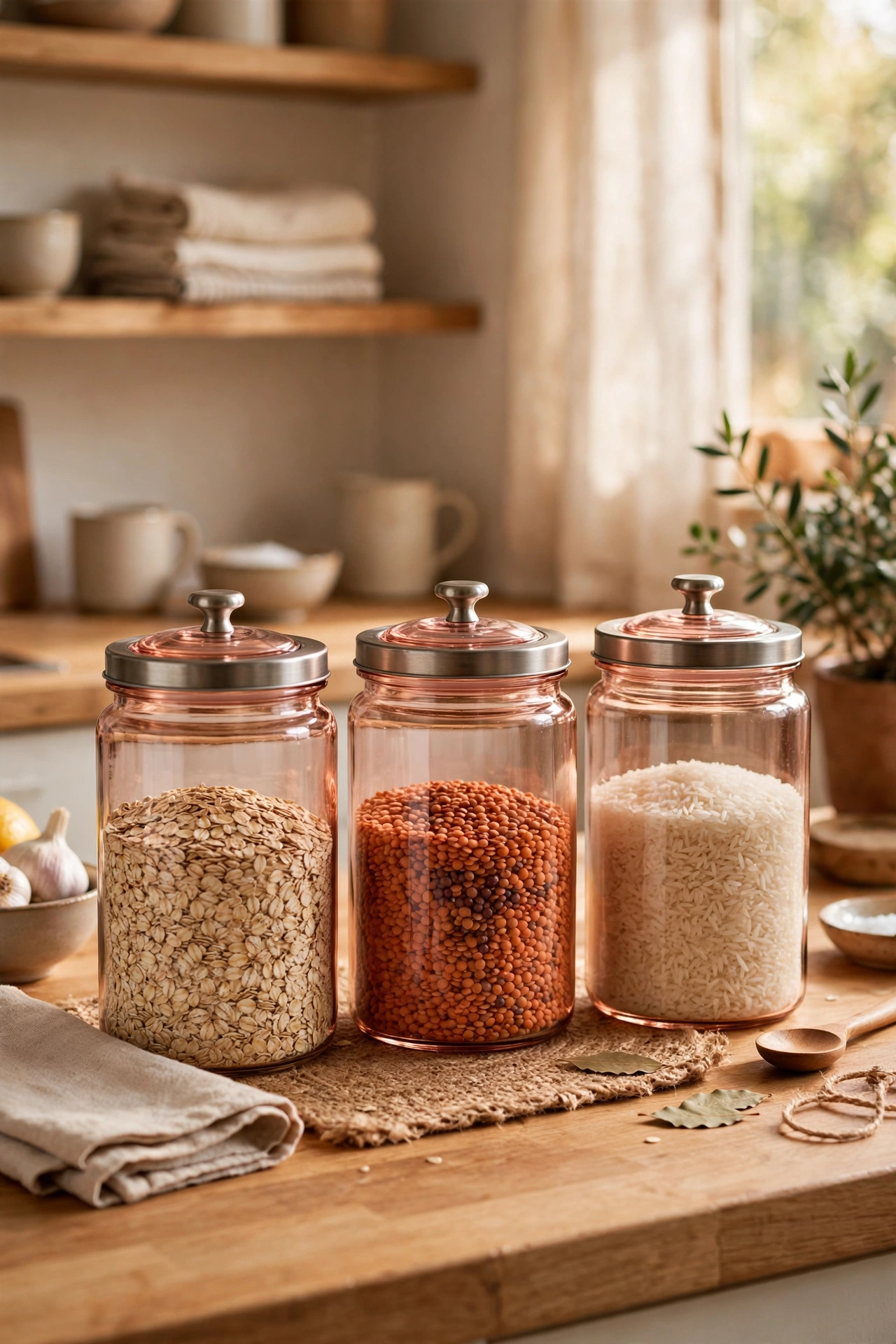 Rose tinted glass canisters on a kitchen counter