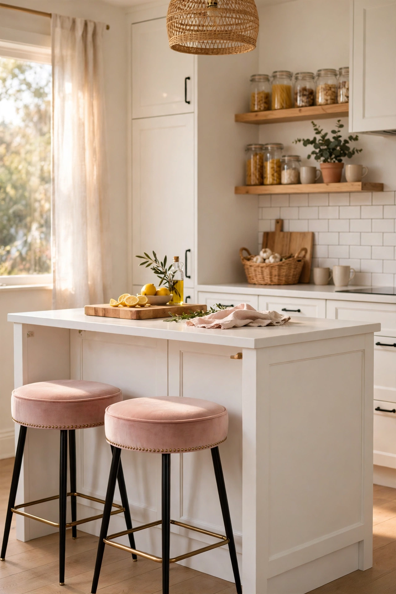 Blush pink velvet bar stools at a white kitchen island