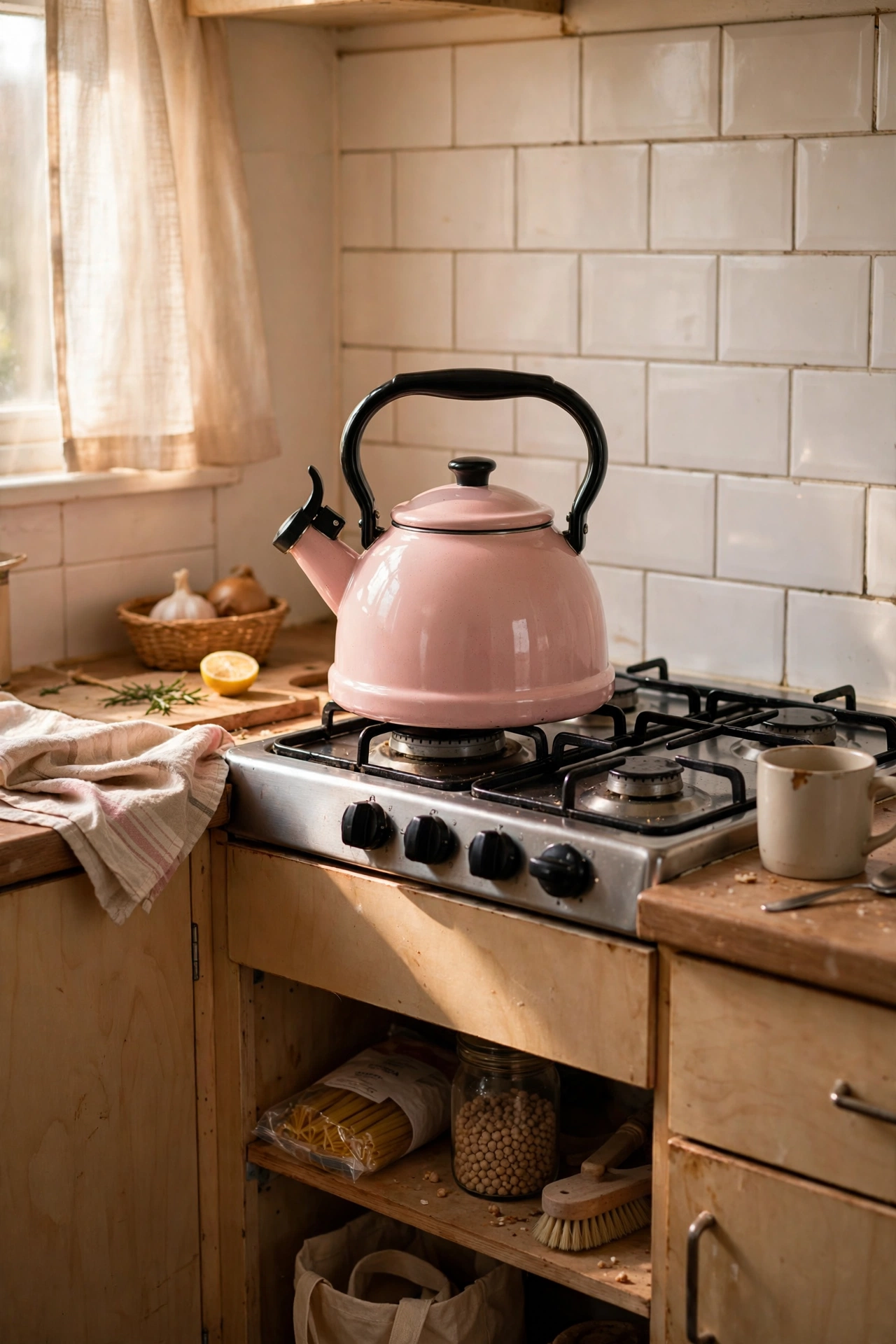 Pink enamel kettle on a hob in a blush toned kitchen