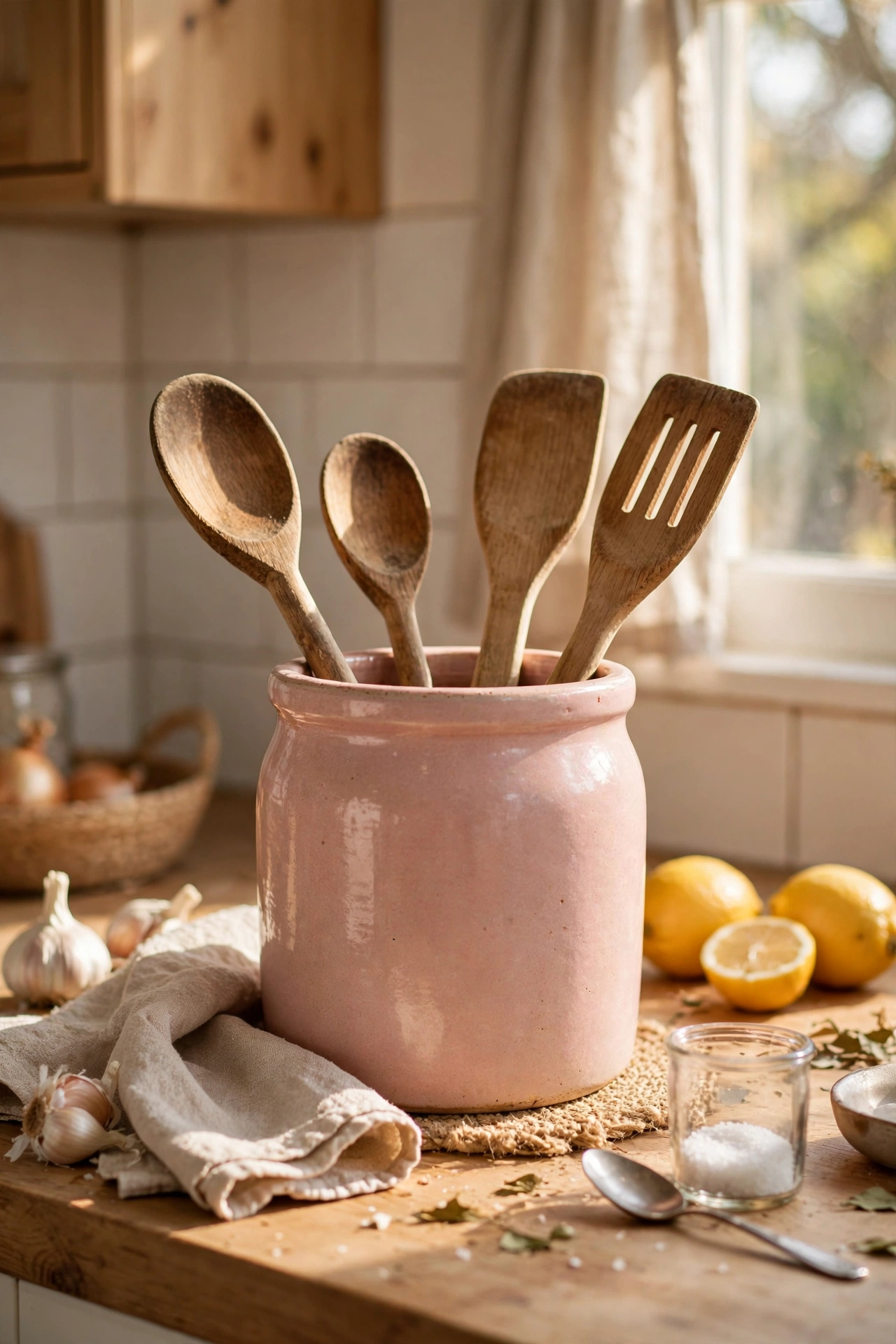 Blush pink ceramic utensil crock holding wooden spoons