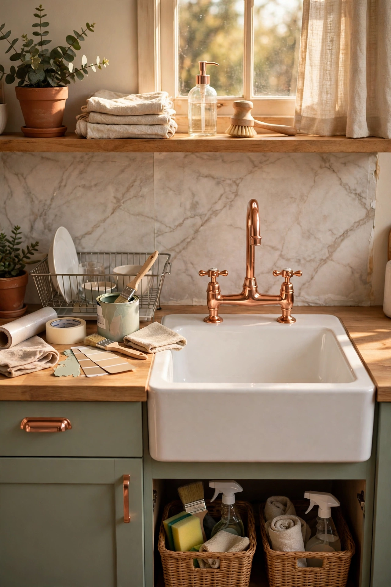 Kitchen sink with rose gold tap handles