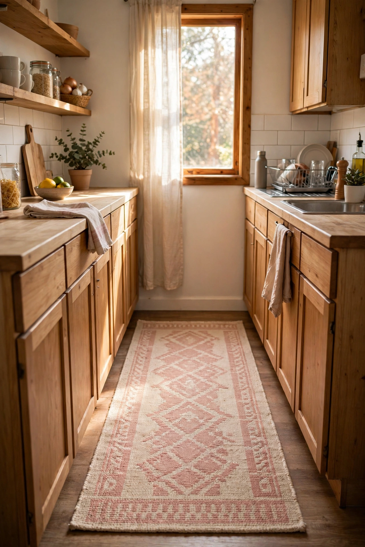 Washable runner rug with blush pattern in a kitchen