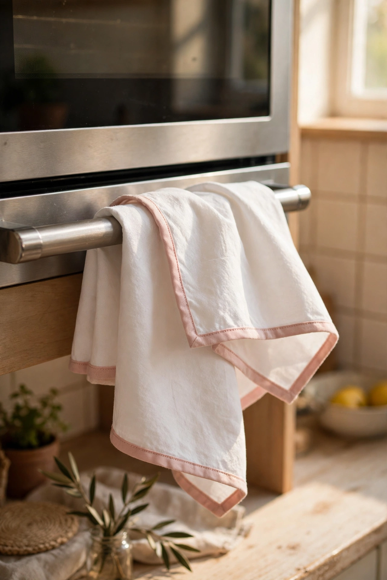 White tea towels with blush pink piping on an oven handle