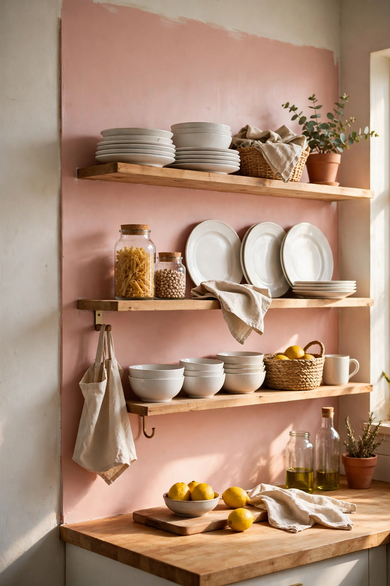 Open kitchen shelves with blush pink painted back panels