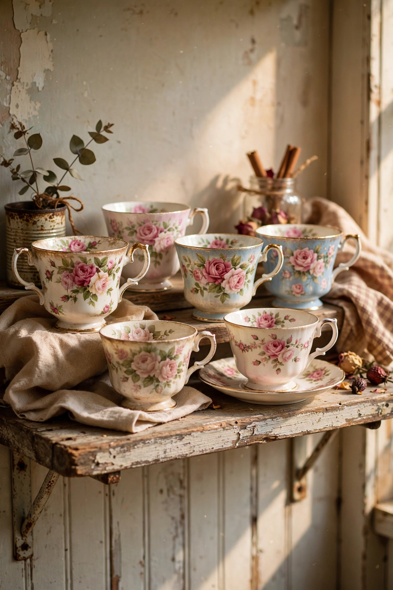 Mismatched rose pattern teacups displayed on a kitchen shelf