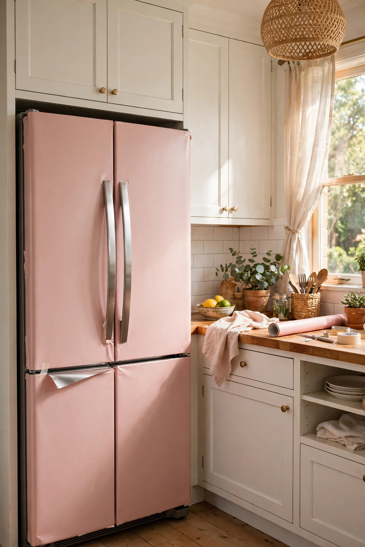 Fridge doors wrapped in blush pink removable vinyl