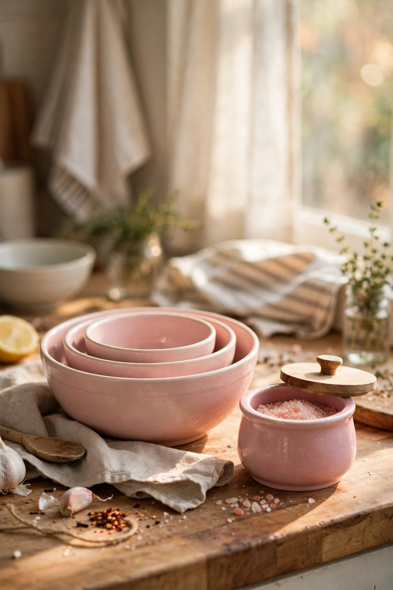 Pink salt cellar and blush prep bowls on a kitchen counter