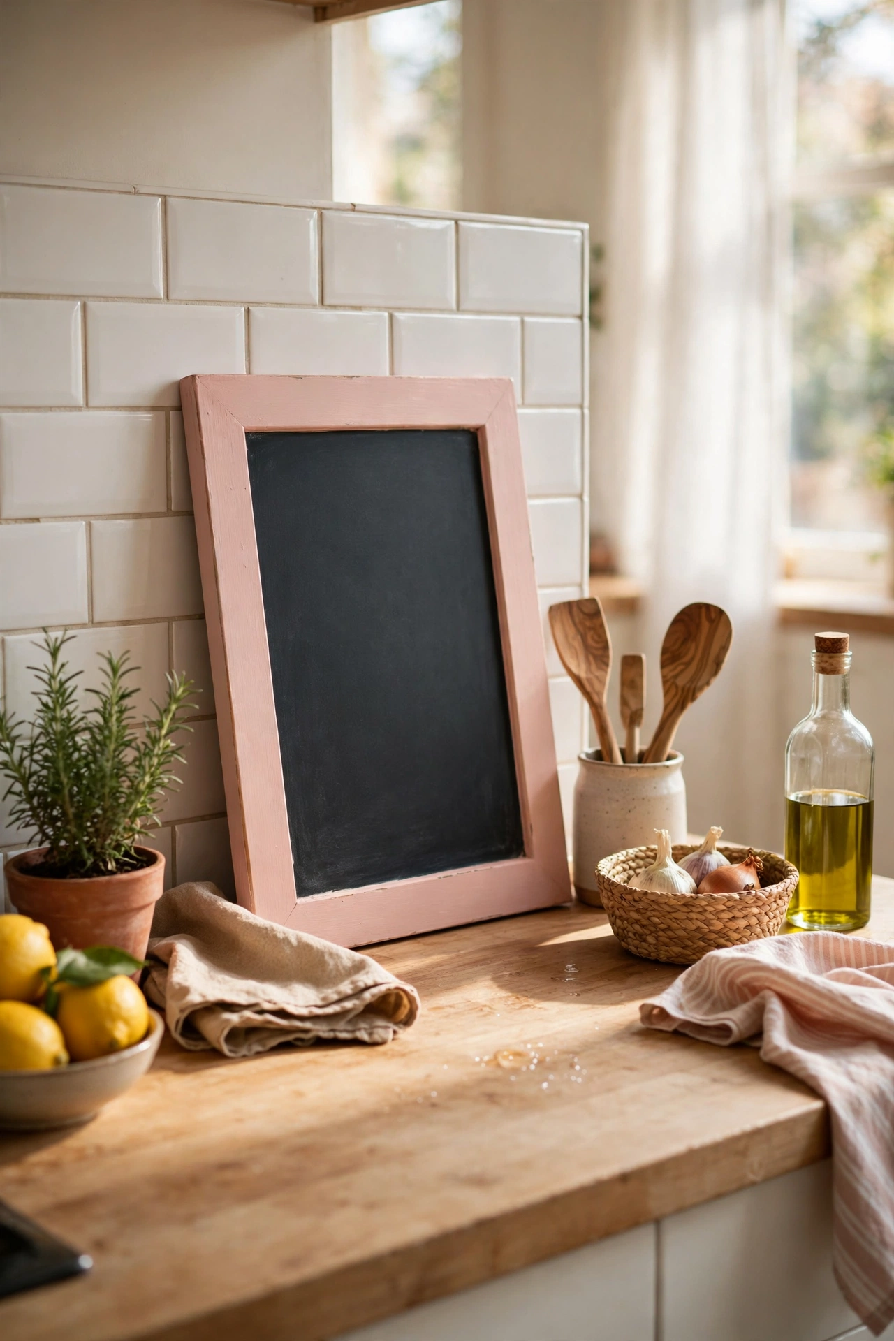 Small chalkboard in a blush painted frame on a kitchen counter