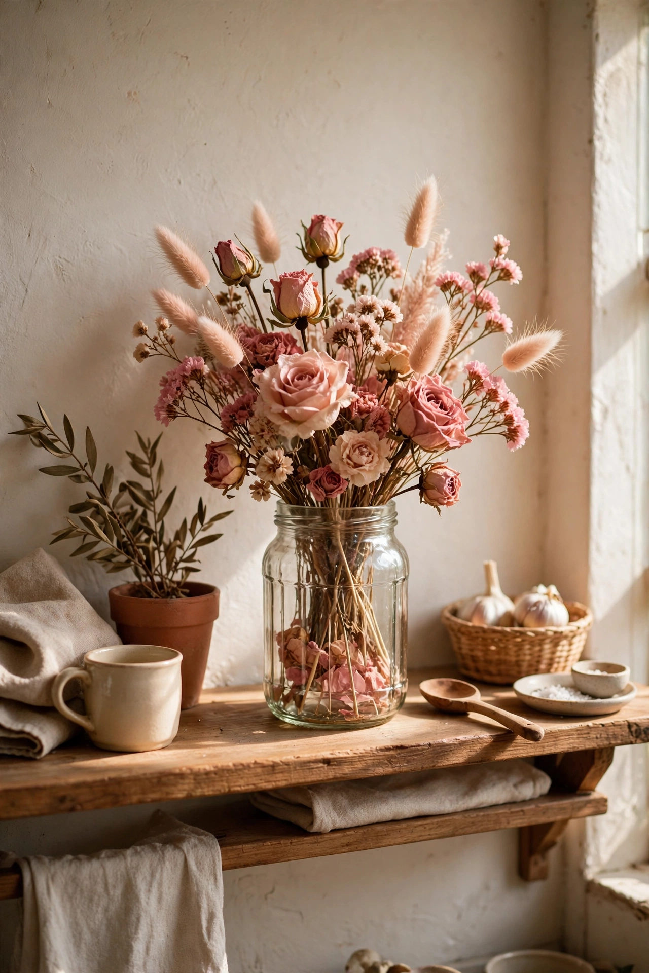 Dried blush and rose toned flowers in a jam jar on a kitchen shelf