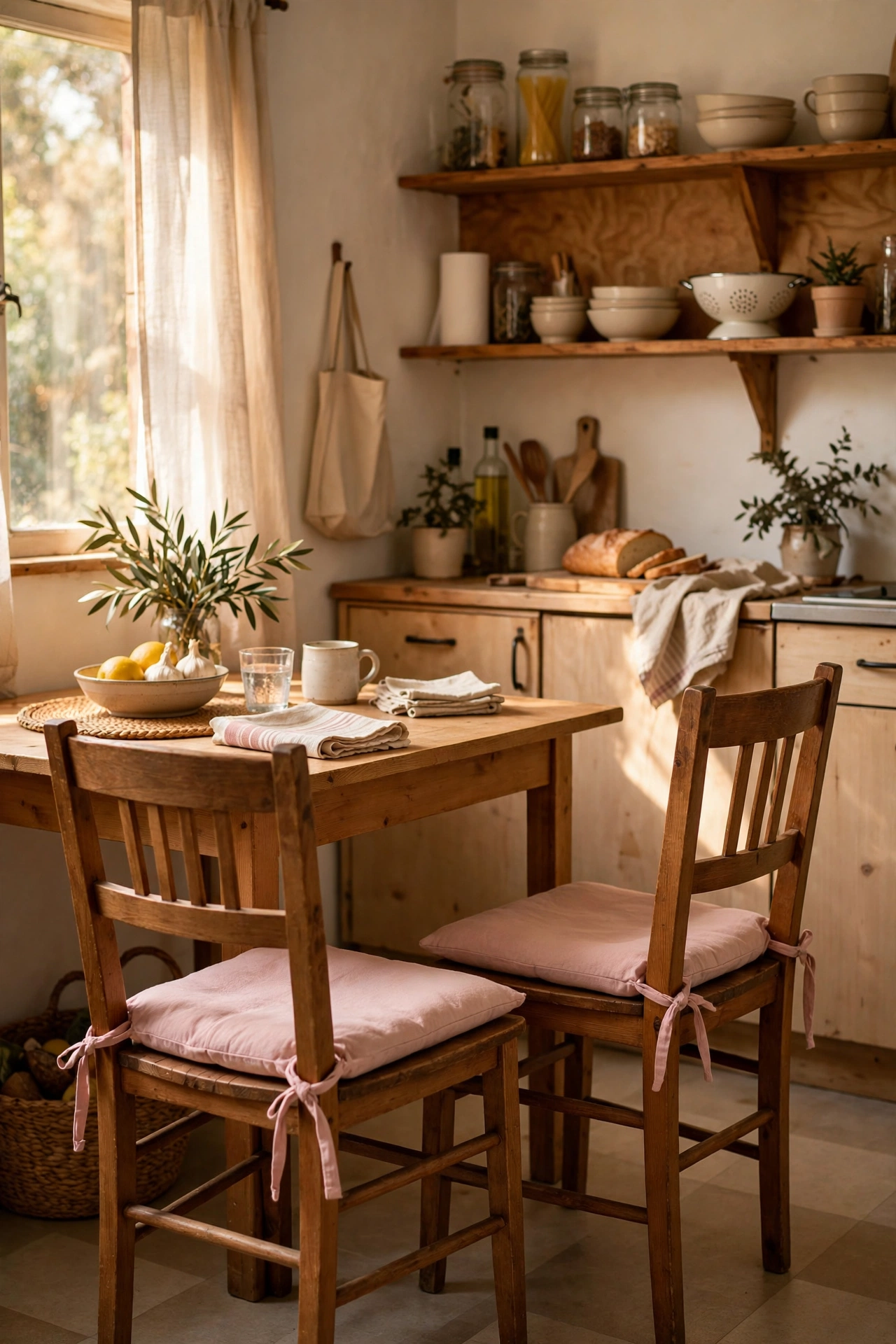 Dining chairs with blush pink seat cushions in a kitchen