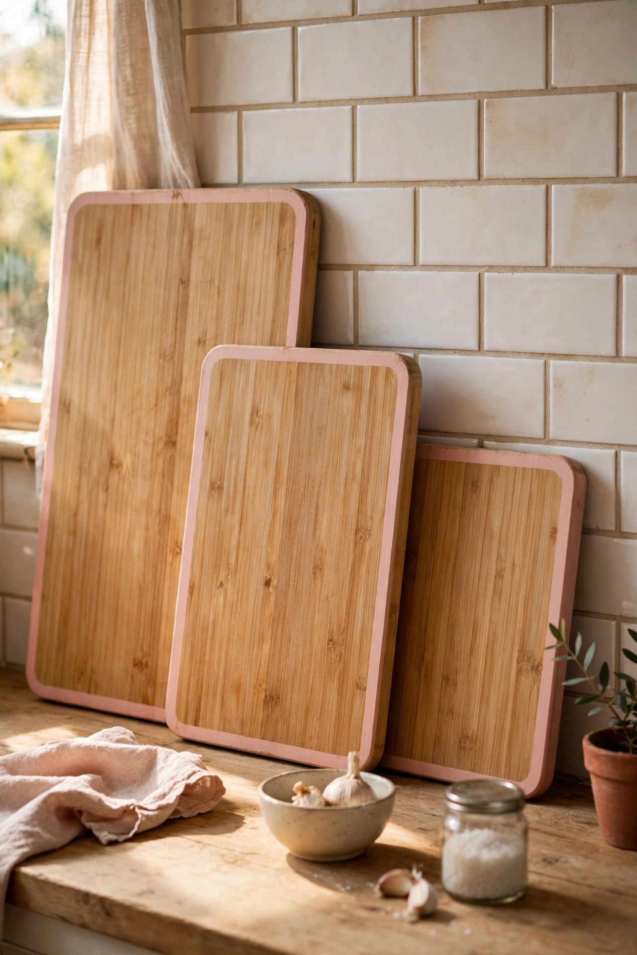 Bamboo cutting boards with blush edges leaning on a backsplash