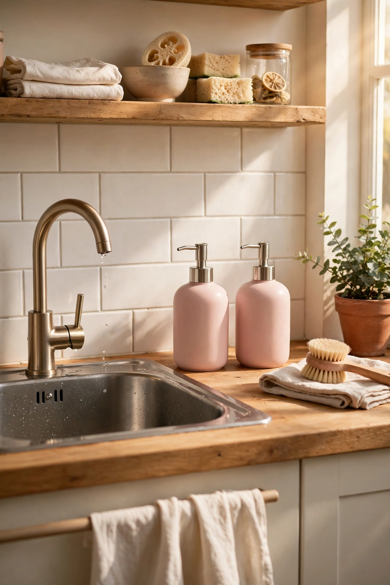 Blush pink ceramic soap dispensers by a kitchen sink