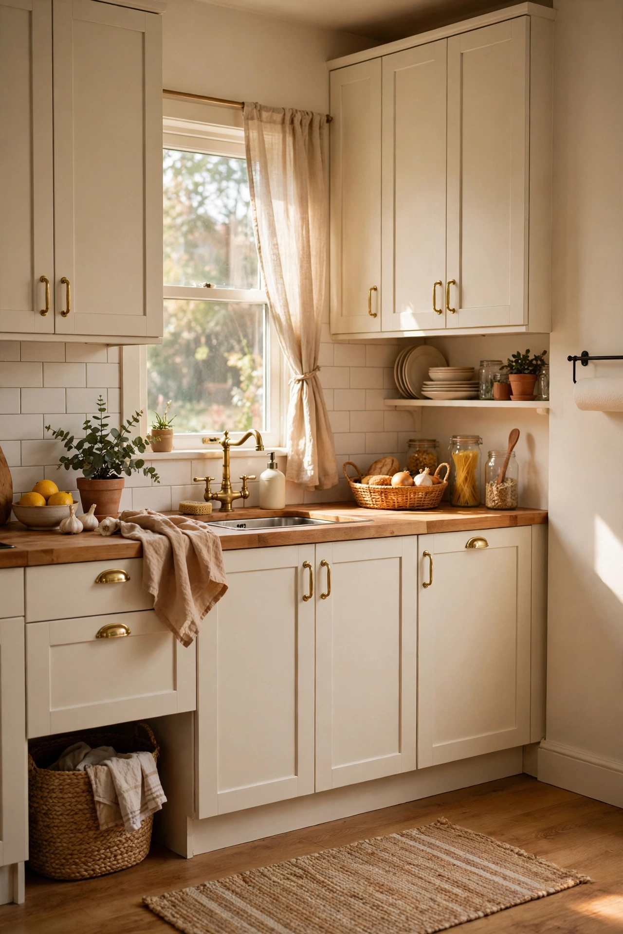 Warm white kitchen idea: repainted ivory kitchen cabinets