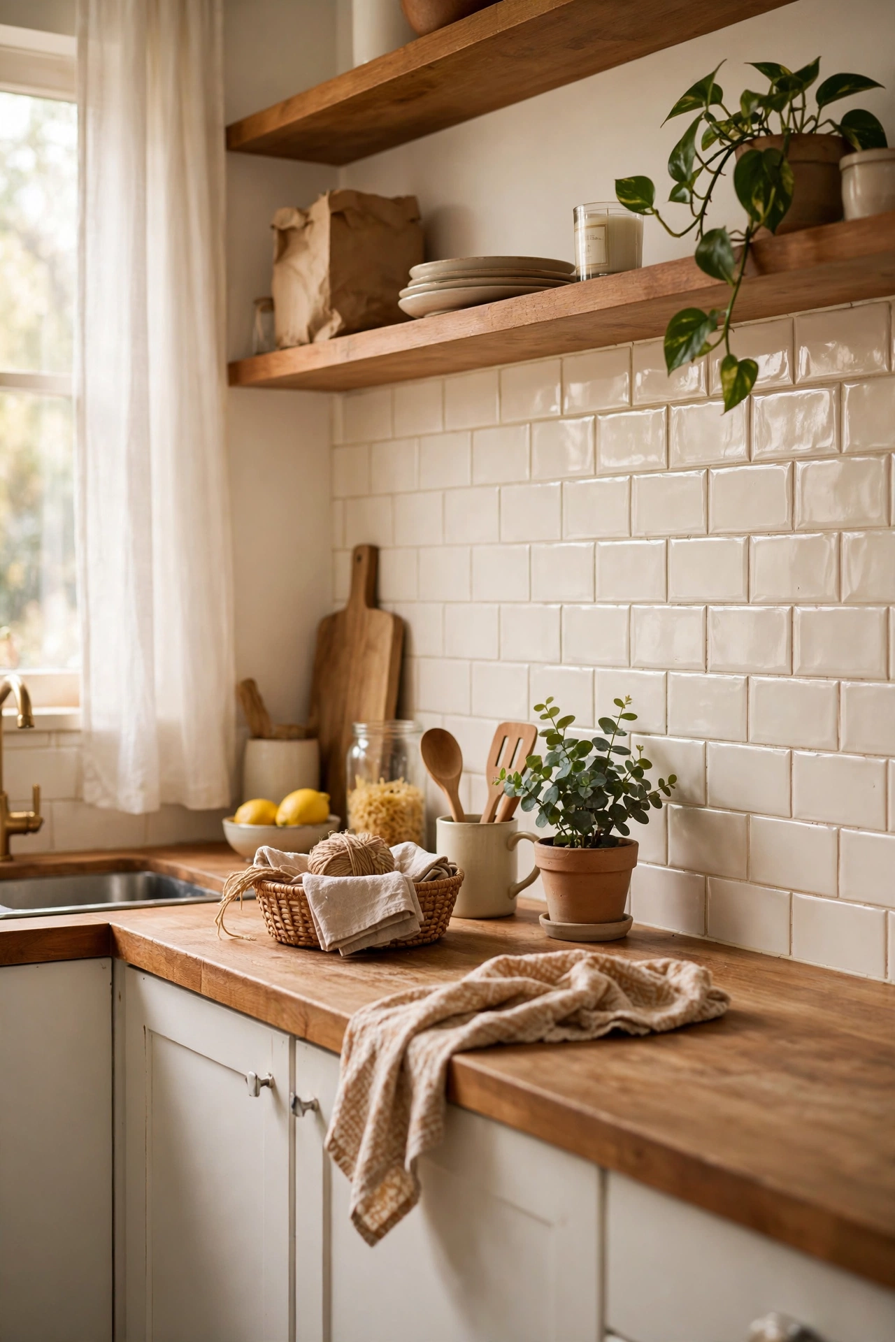Cream peel-and-stick subway tile backsplash in a warm white kitchen