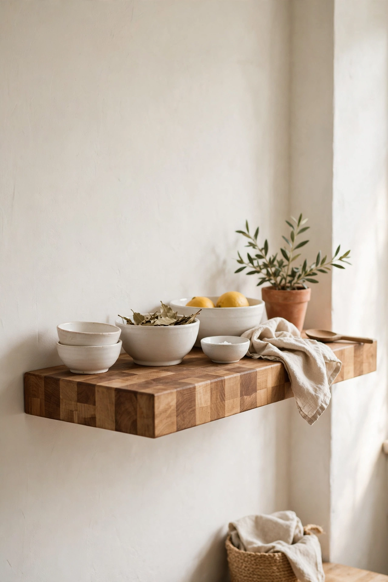 Butcher block floating shelf on a warm white kitchen wall