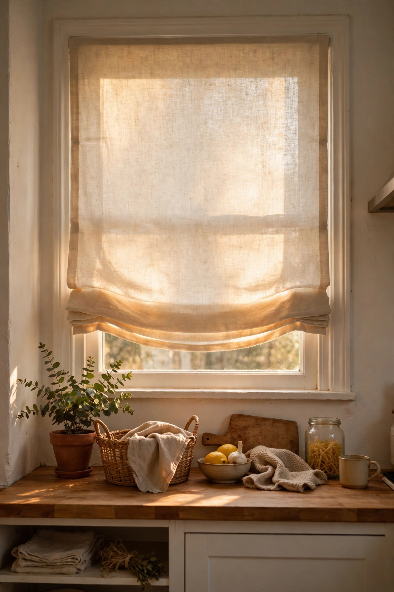 Ivory roman shade on a warm white kitchen window