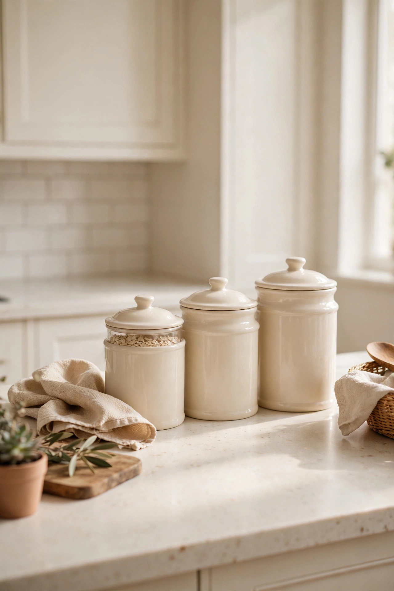 Cream ceramic canister set on a warm white kitchen counter