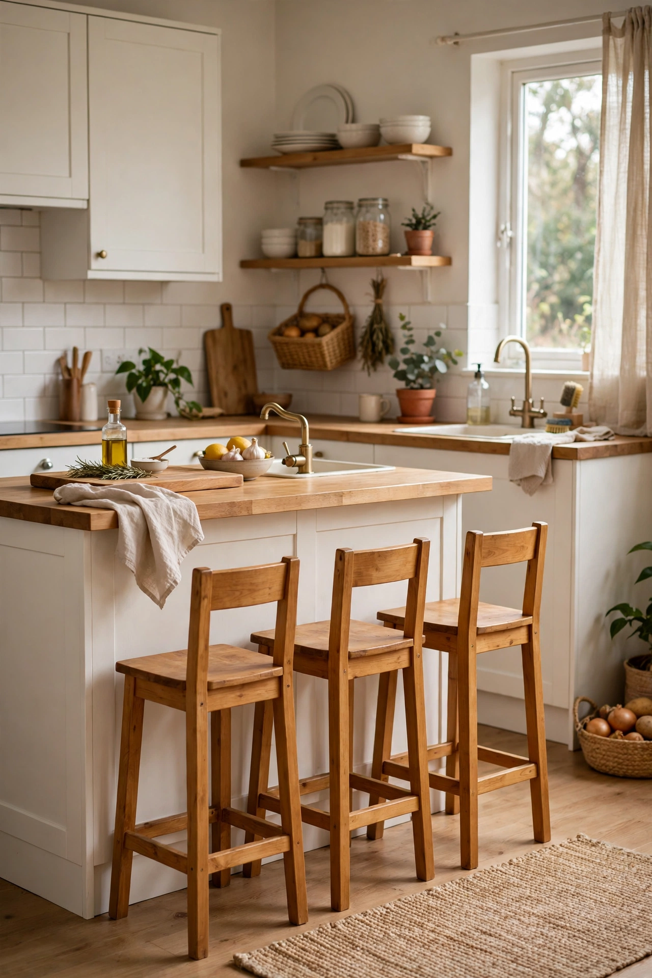Honey toned wooden stools at a warm white kitchen island