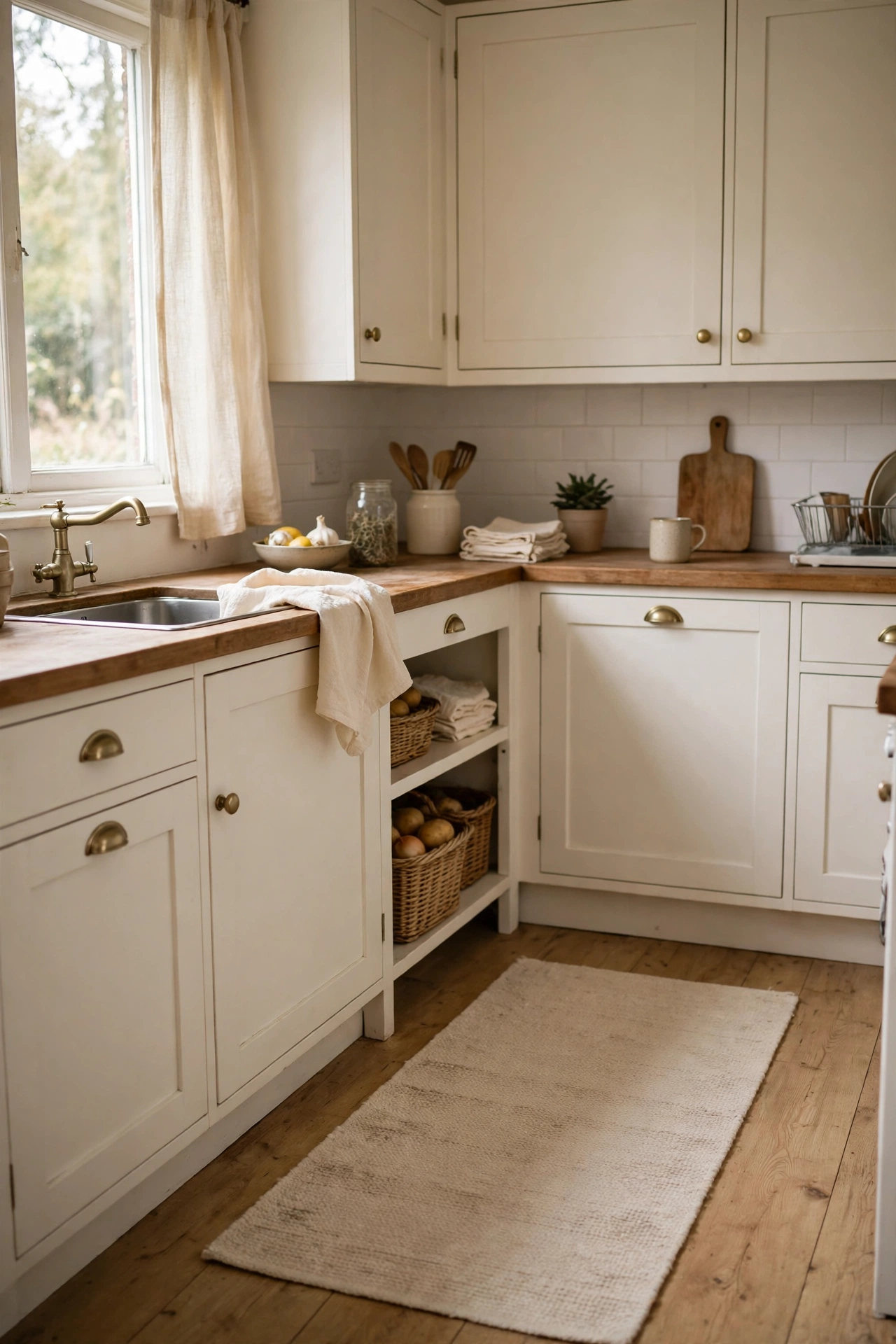 Washable runner rug in warm white tones in a kitchen